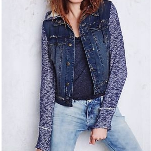Free People denim jacket with fabric hoodie and sleeves NWT - Picture 1 of 5